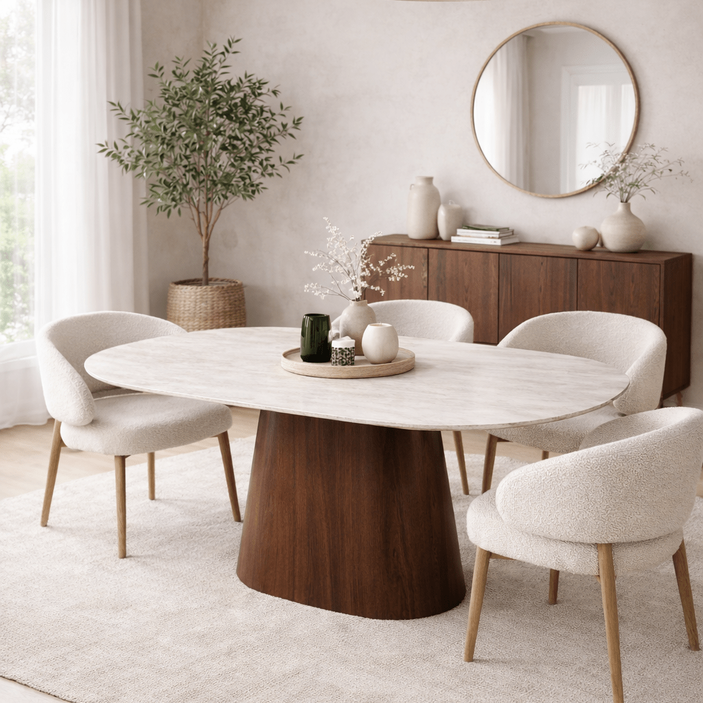 Sintered Stone Marble Look Travertine Dining Table Lea 180x90 cm - Walnut Frame - Danish Oval