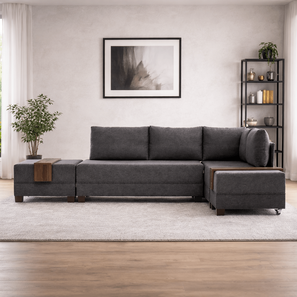 Sofa bed anthracite fabric - XXL 280 x 210 - Right - Fly