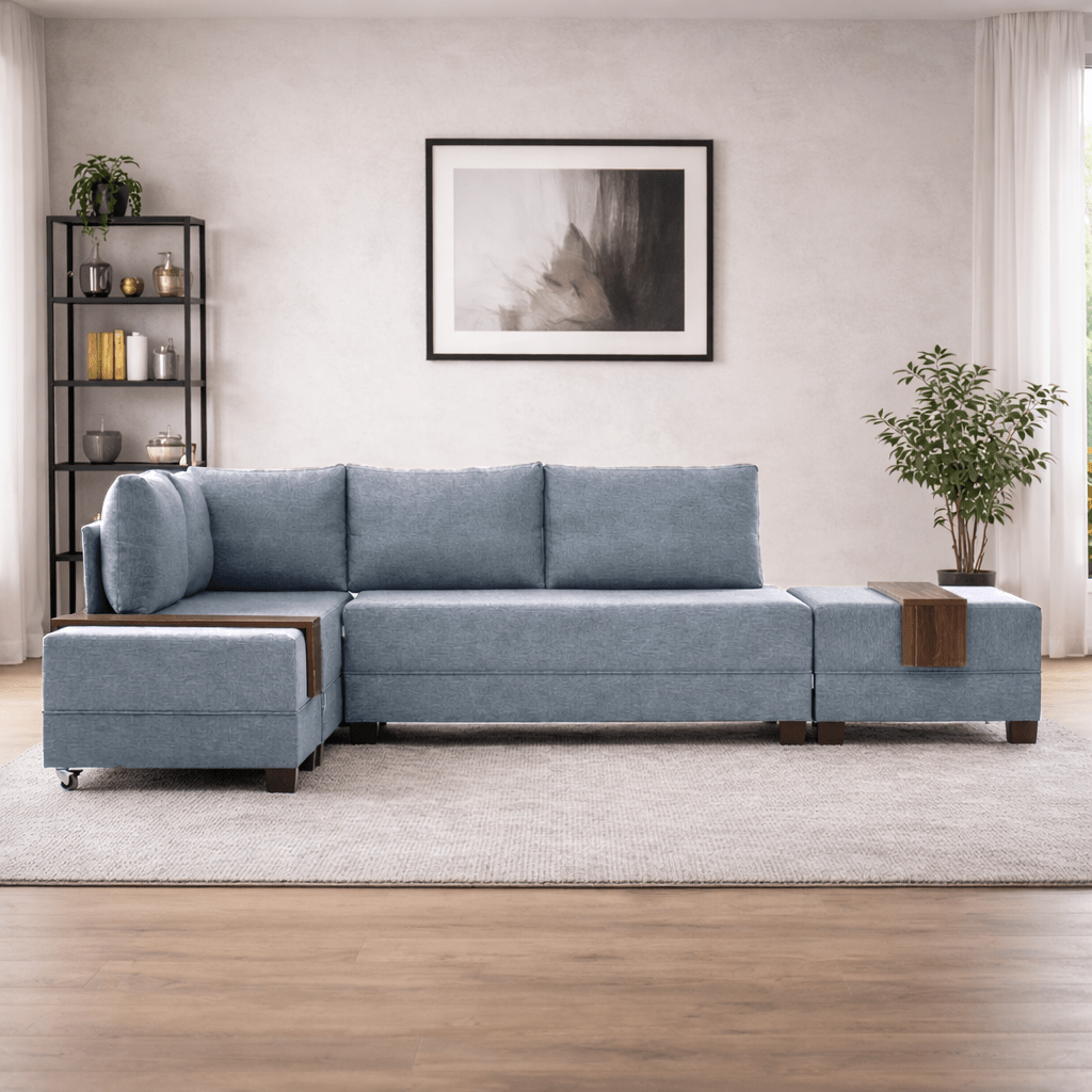 Sofa bed blue fabric - XXL 280 x 210 - Left - Fly