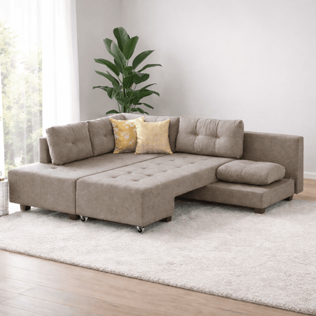 Sofa bed taupe fabric - XL 280x206 cm - with wheels - Left - Manama