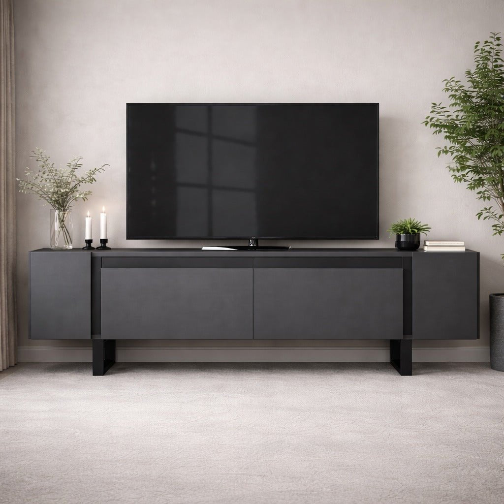 TV Meubels - TV Meubel Antraciet Yildiz 180x50x30 - Zwart Frame - Dimehouse