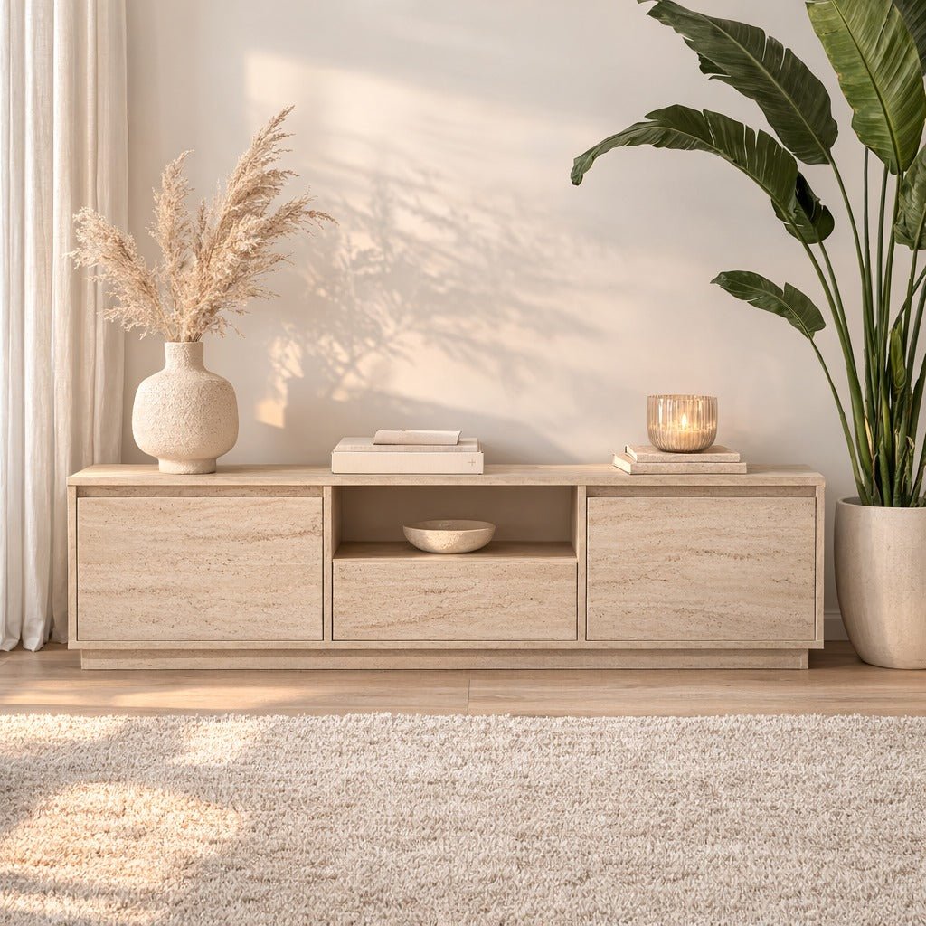 TV Meubels - TV Meubel Japandi Travertin Melamine - drie kastjes - 160x42x29,5 cm - Flare - Dimehouse