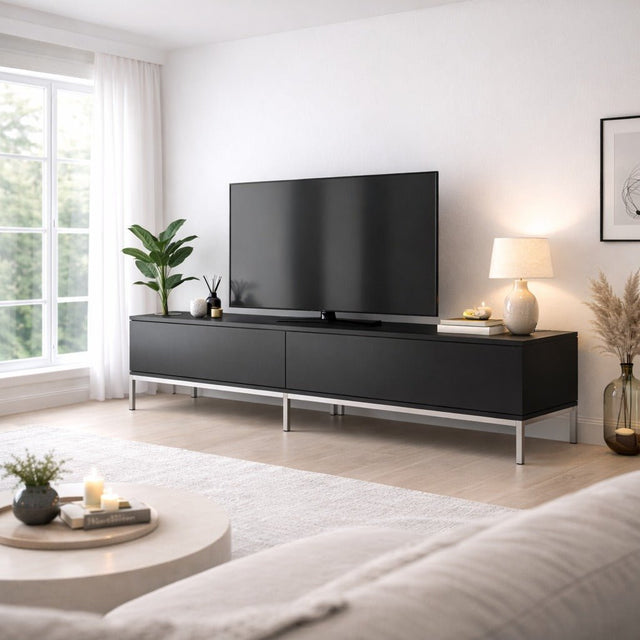 TV Meubels - TV Meubel Lord Zwart Zilver Melamine 180x47x30 cm - Dimehouse