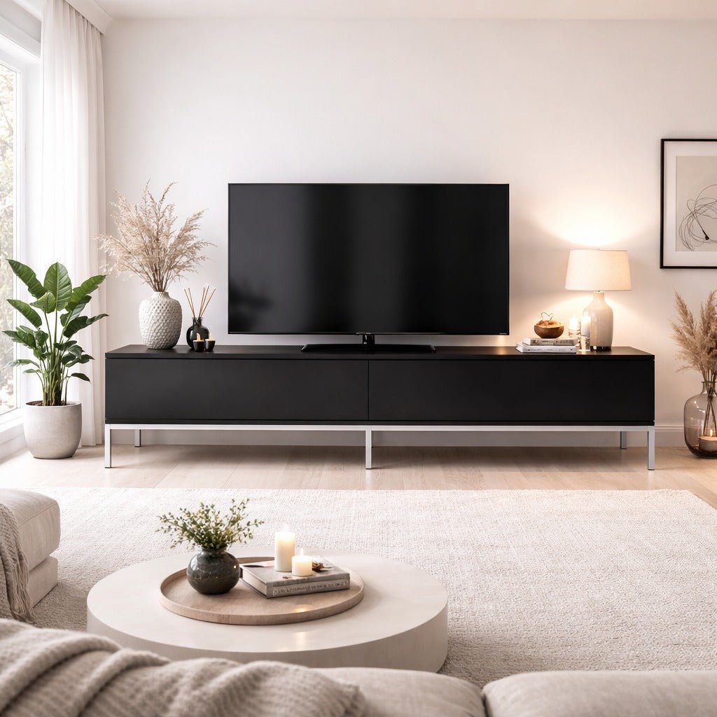 TV Meubels - TV Meubel Lord Zwart Zilver Melamine 180x47x30 cm - Dimehouse