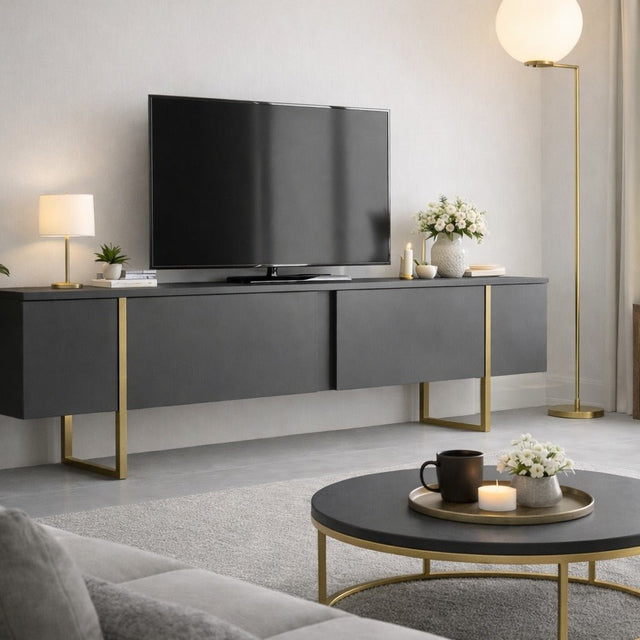 TV Meubels - TV Meubel Luxe Antraciet Goud Melamine 180x50x30 cm - Dimehouse