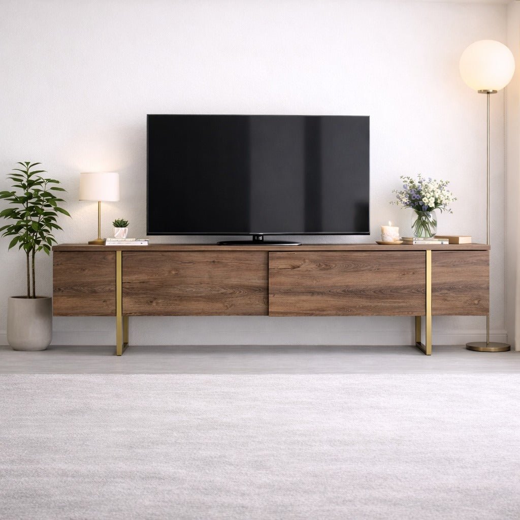 TV Meubels - TV Meubel Luxe Walnoot Goud Melamine 180x50x30 cm - Dimehouse