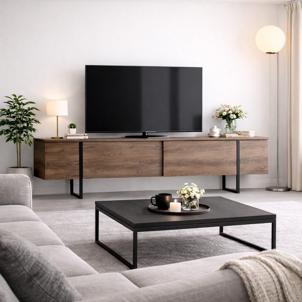 TV Meubels - TV Meubel Luxe Walnoot Zwart Melamine 180x50x30 cm - Dimehouse