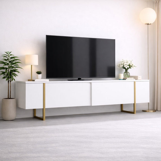 TV Meubels - TV Meubel Luxe Wit Goud Melamine 180x50x30 cm - Dimehouse