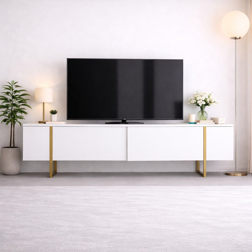 TV Meubels - TV Meubel Luxe Wit Goud Melamine 180x50x30 cm - Dimehouse