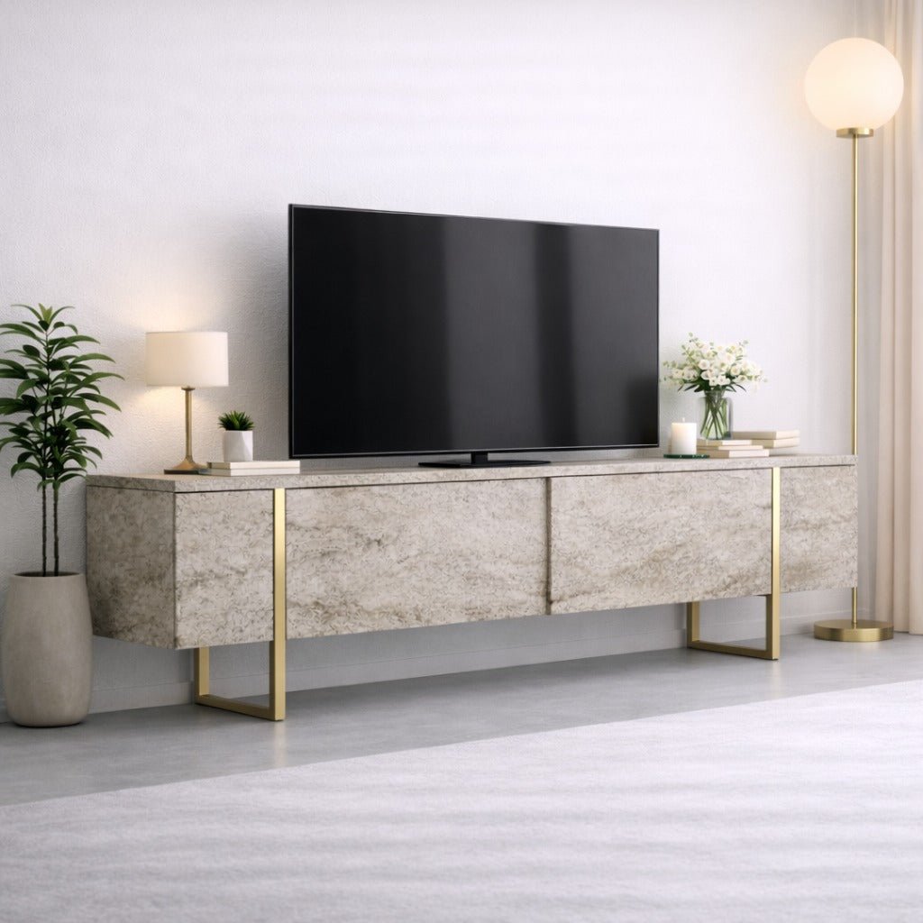 TV Meubels - TV Meubel Travertin Luxe 180x50x30 - Gouden Frame - Dimehouse