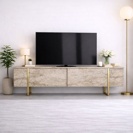 TV Furniture Travertine Luxury 180x50x30 - Golden Frame