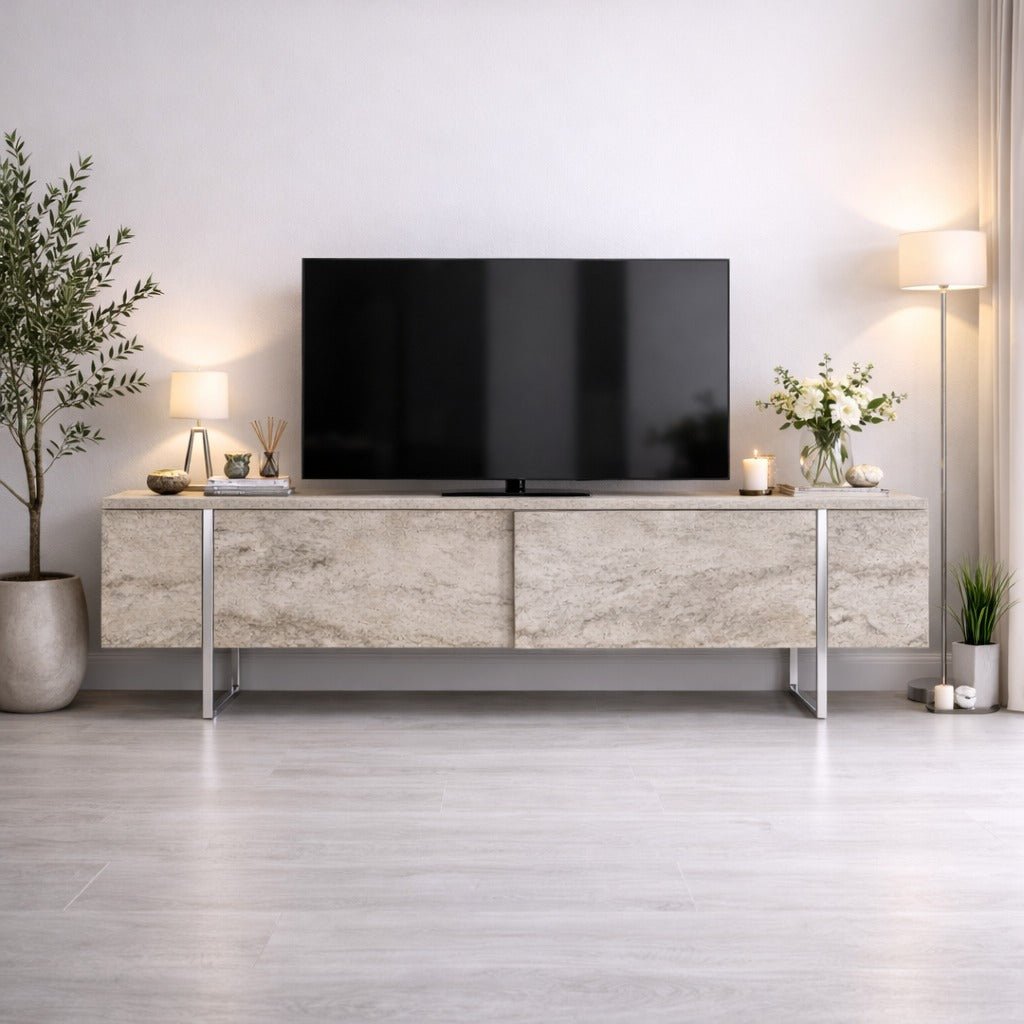 TV Meubels - TV Meubel Travertin Luxe 180x50x30 - Zilver Frame - Dimehouse