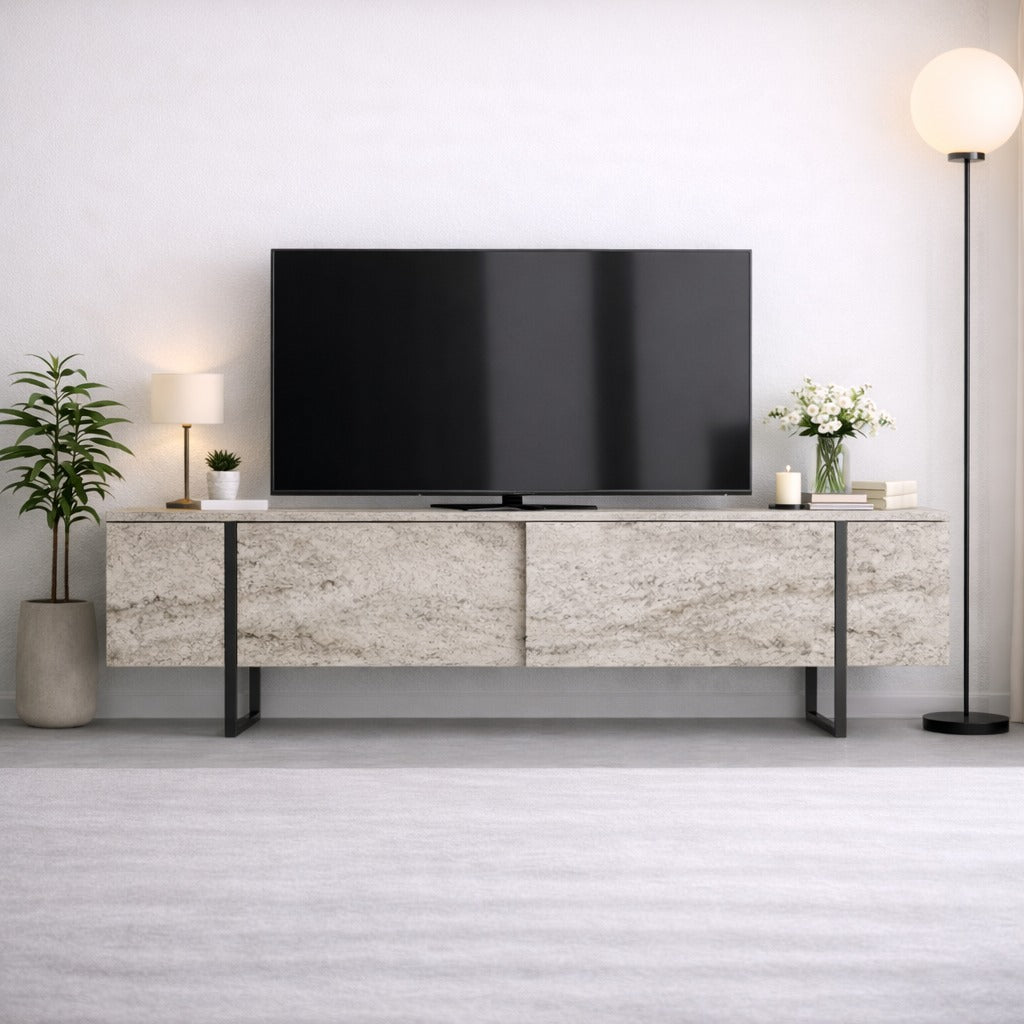 TV Meubels - TV Meubel Travertin Luxe 180x50x30 - Zwart Frame - Dimehouse