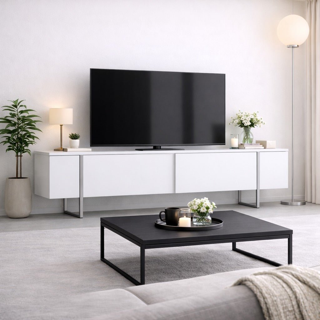 TV Meubels - TV Meubel Wit Luxe 180x50x30 - Zilver Frame - Dimehouse