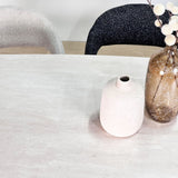 Complete Furniture Set: Lea Dining Table Sintered Stone Marble Look Travertine - Walnut Frame + 4x Lisa Dining Chairs Bouclé Gray 