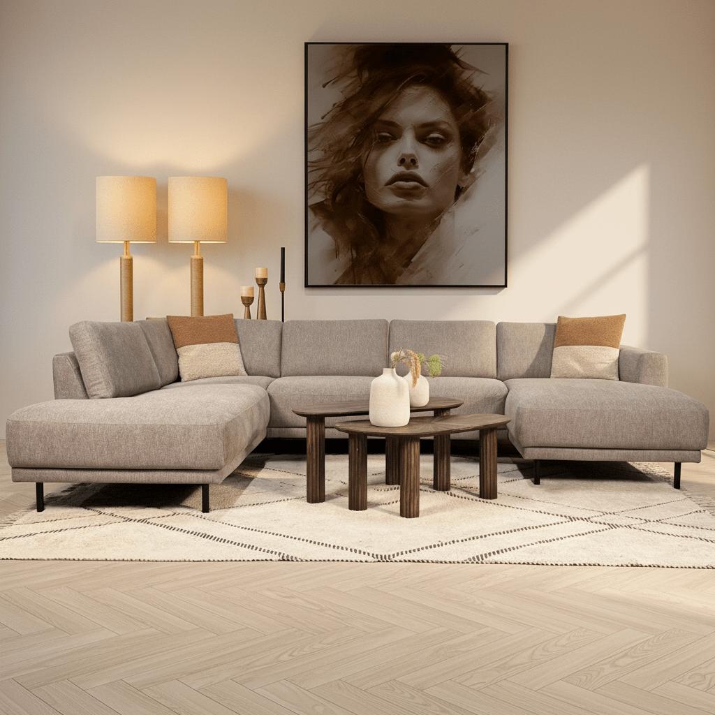 Modern U-Shape Couch Corner Sofa Left Taupe Fabric Aniko 310x197x78 cm 