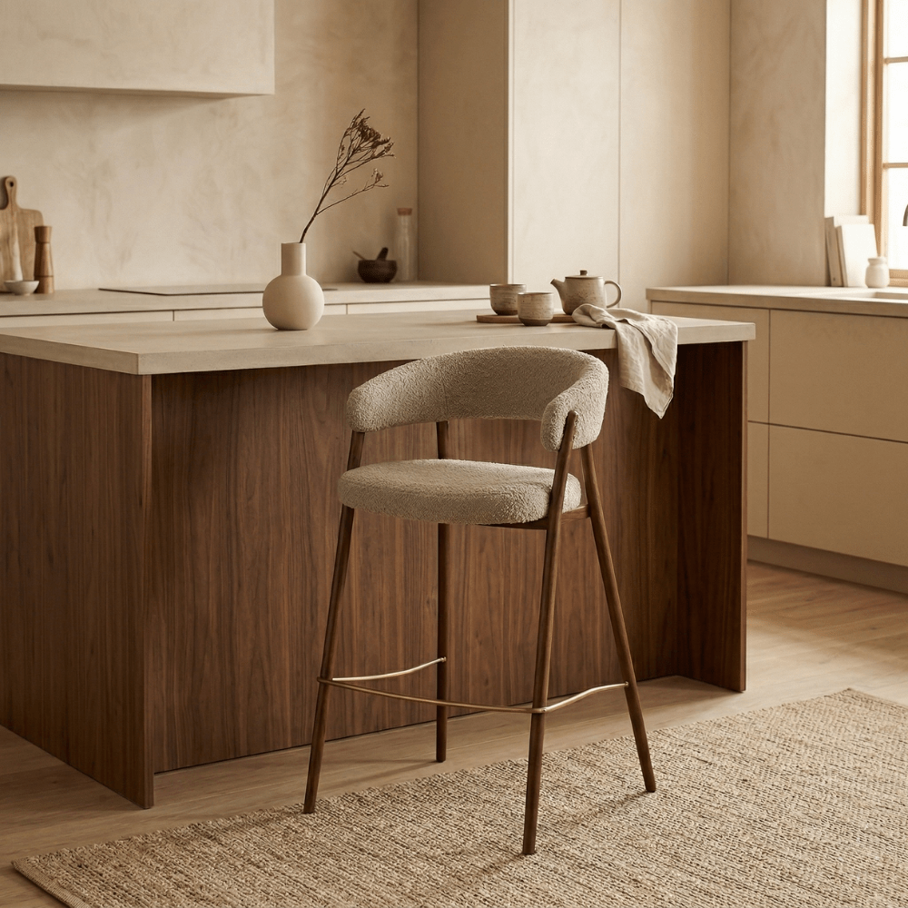 Bar stool bouclé sand Ryo - walnut look frame - Japandi