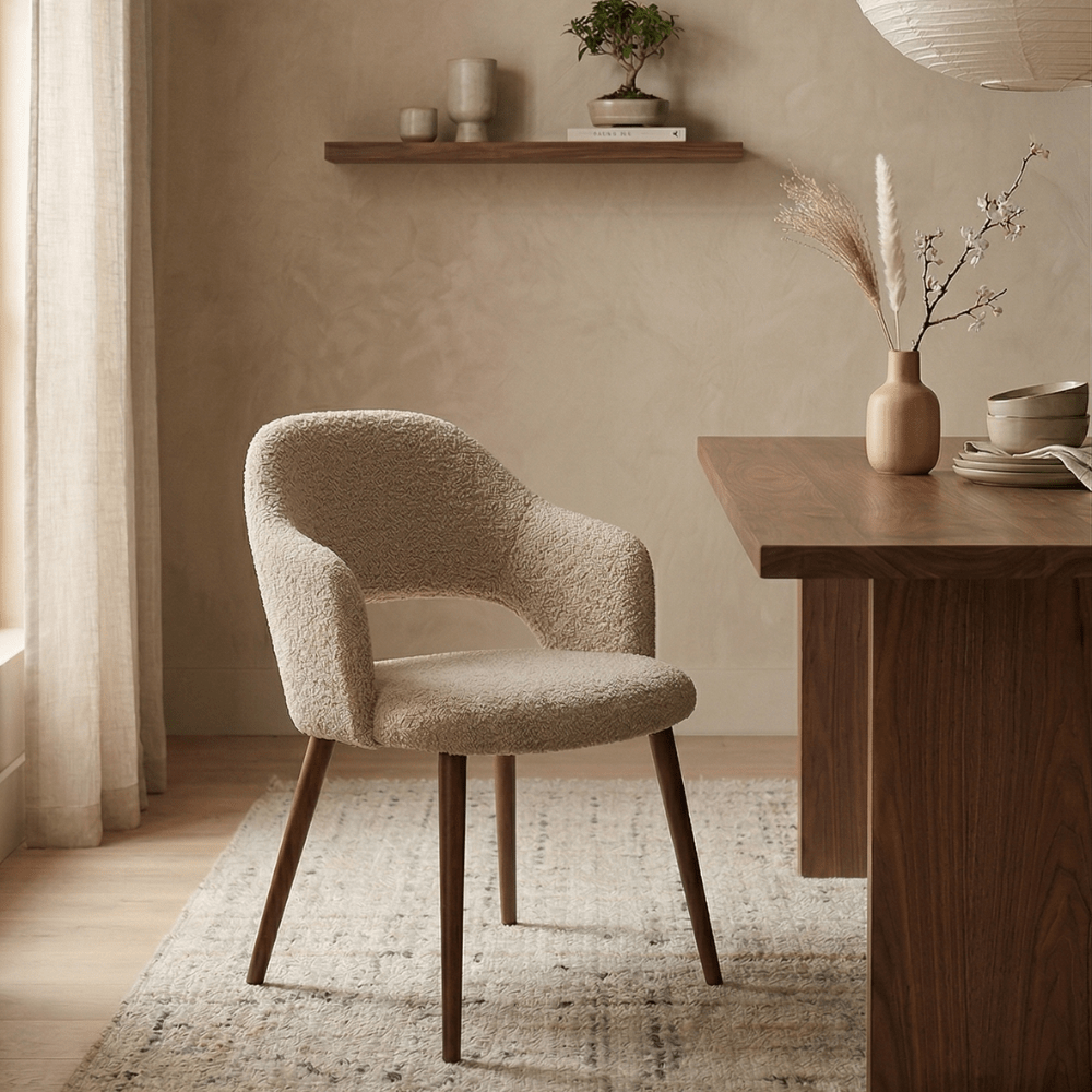 Japandi dining chair in sand-coloured bouclé Aki – walnut frame – with armrests