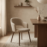 Japandi dining chair in sand-coloured bouclé Aki – walnut frame – with armrests