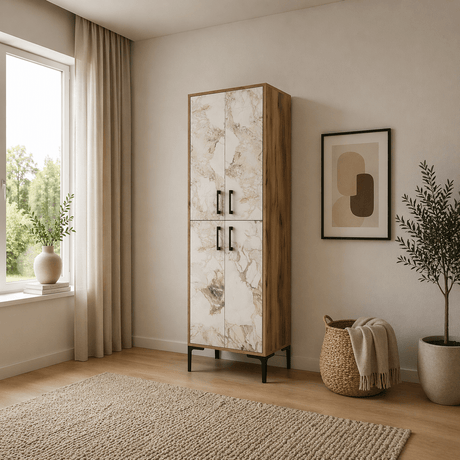 Wall cabinet Walnut White Marble Melamine 200x60x35 cm - Berlin