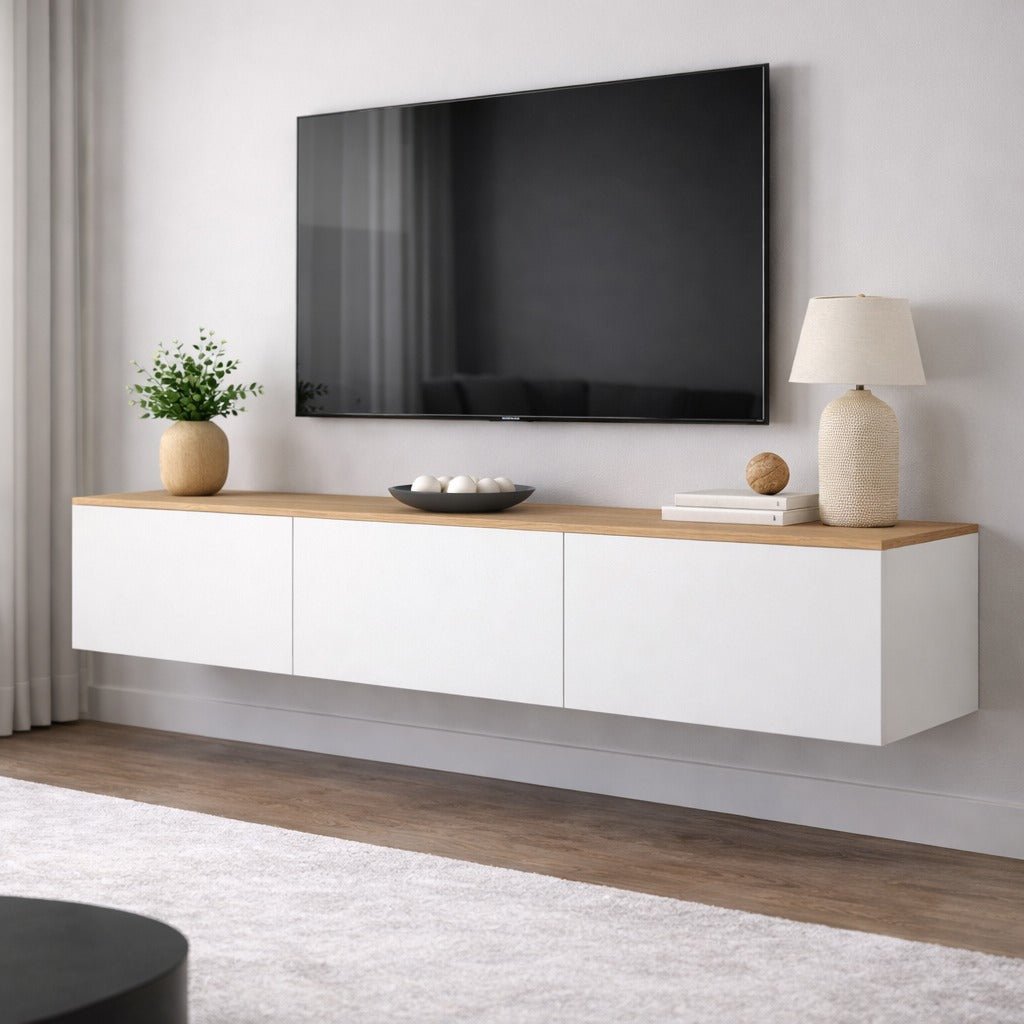 West Floating TV Cabinet White – Atlantic Pine Oak Look 150 cm Melamine