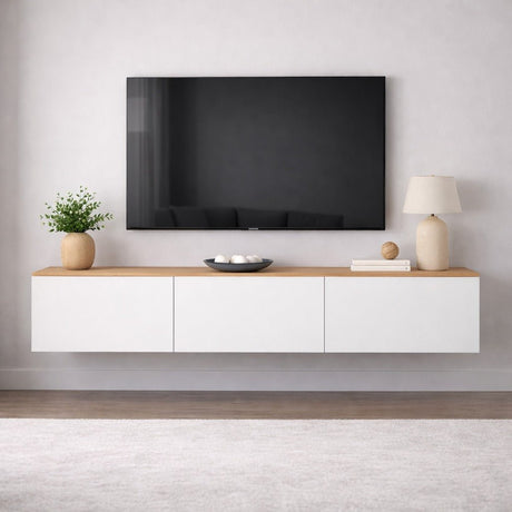 West Floating TV Cabinet White – Atlantic Pine Oak Look 150 cm Melamine