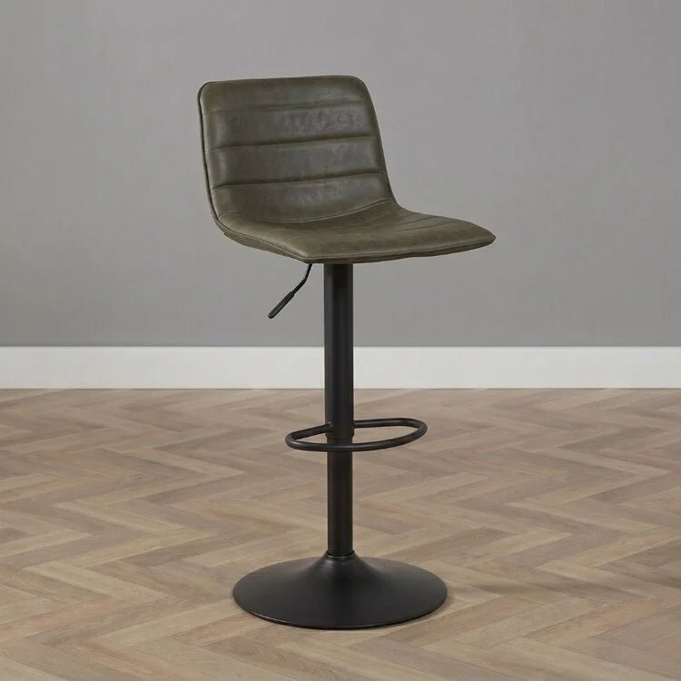 Bar stools-Industrial bar stool Boston leather olive green 60-76 cm - swivel Green Eco-leather 45 cm wide-Dimehouse
