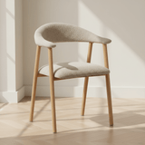 Japandi Dining Chair Sand Color Bouclé Suki - Oak Look Frame - With Armrest 