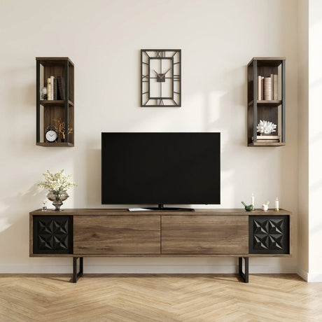 TV Furniture Set Black Line Walnut Black Melamine 180x48x30 cm atmospheric photo in modern interior