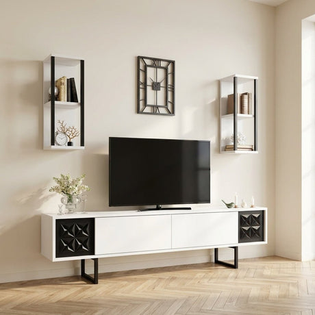 TV Furniture Set Black Line White Black Melamine 180x48x30 cm atmospheric photo in a modern interior