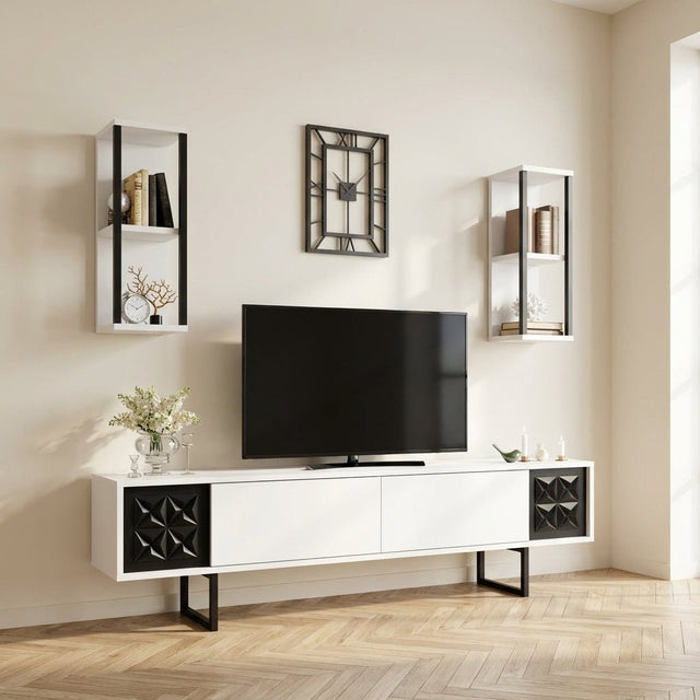 TV Furniture Set Black Line White Black Melamine 180x48x30 cm atmospheric photo in a modern interior