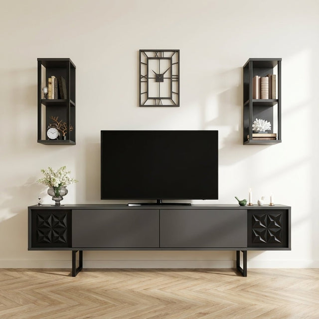 TV Furniture Set Black Line Anthracite Black Melamine 180x48x30 cm atmospheric photo in modern interior