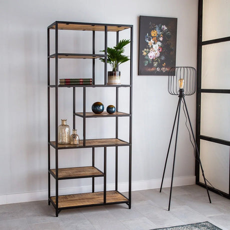 Bookcase Sparrow Dimehouse Brown LxWxH 189x83x38 Mango wood Atmospheric photo diagonal front view