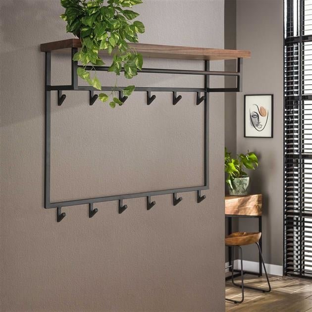 Industrial coat rack walnut wood Daya 12 hooks with shelf – Dimehouse