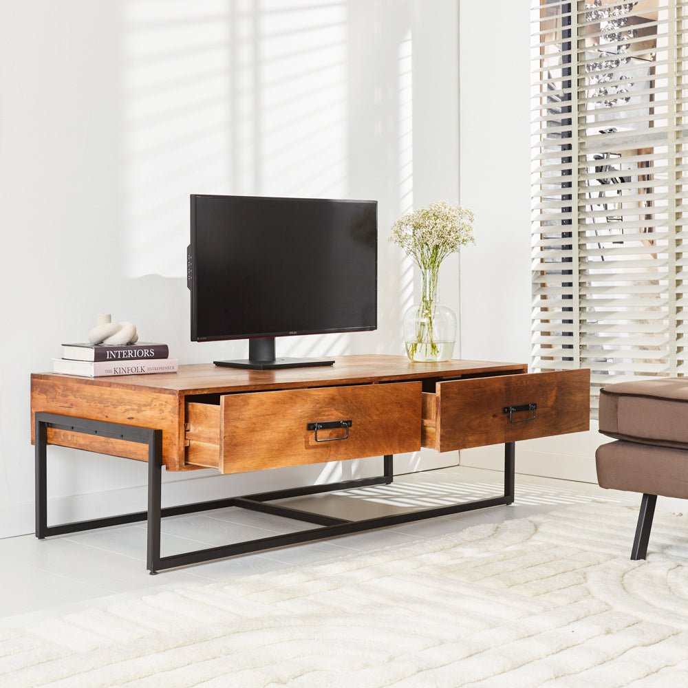 TV Furniture Emma Dimehouse Brown LxWxH 148x82x52 Mango wood Atmospheric photo oblique front view corner setting