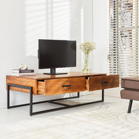 TV Furniture Emma Dimehouse Brown LxWxH 148x82x52 Mango wood Atmospheric photo oblique front view corner setting