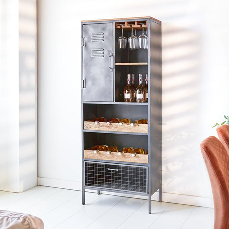 Wine cabinet Nero Dimehouse Brown LxWxH 183x72x42 Mango wood Atmospheric photo diagonal front view