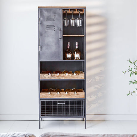 Wine cabinet Nero Dimehouse Brown LxWxH 183x72x42 Mango wood Atmospheric photo diagonal front view