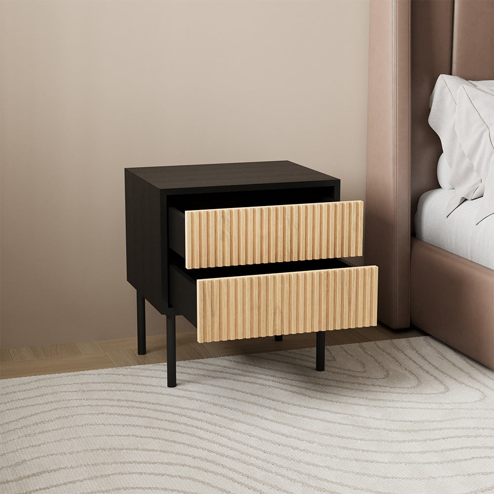 Yoka bedside table black/white oak with drawers. Oak Rubberwood
