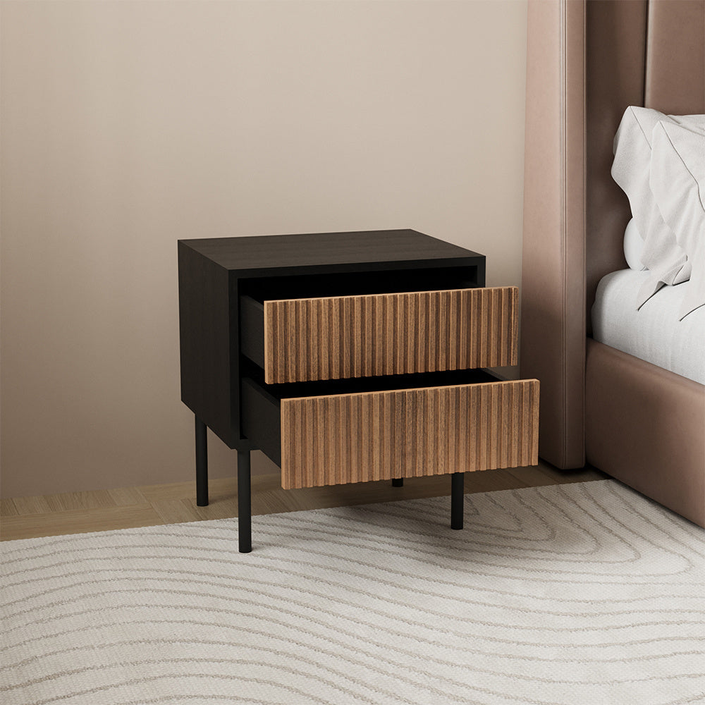 Yoka bedside table black/rustic oak with drawers Oak Rubberwood