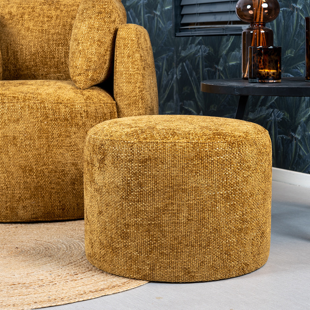 Pouf Feline chenille fabric ocher yellow Chenille, polyester