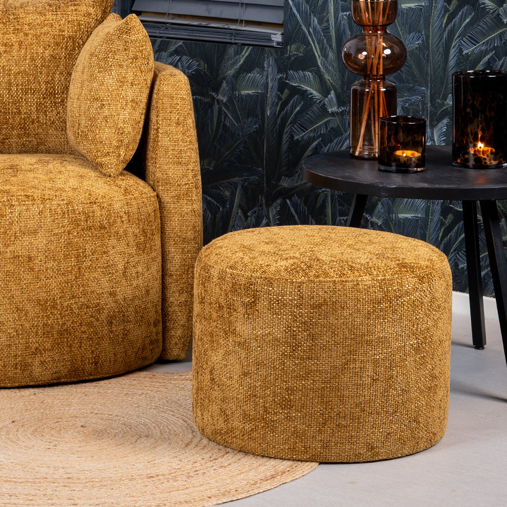 Pouf Feline chenille fabric ocher yellow Chenille, polyester