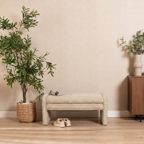 Eetkamerbanken-Eetkamerbank Ravi chenille beige/taupe 100 cm-Dimehouse
