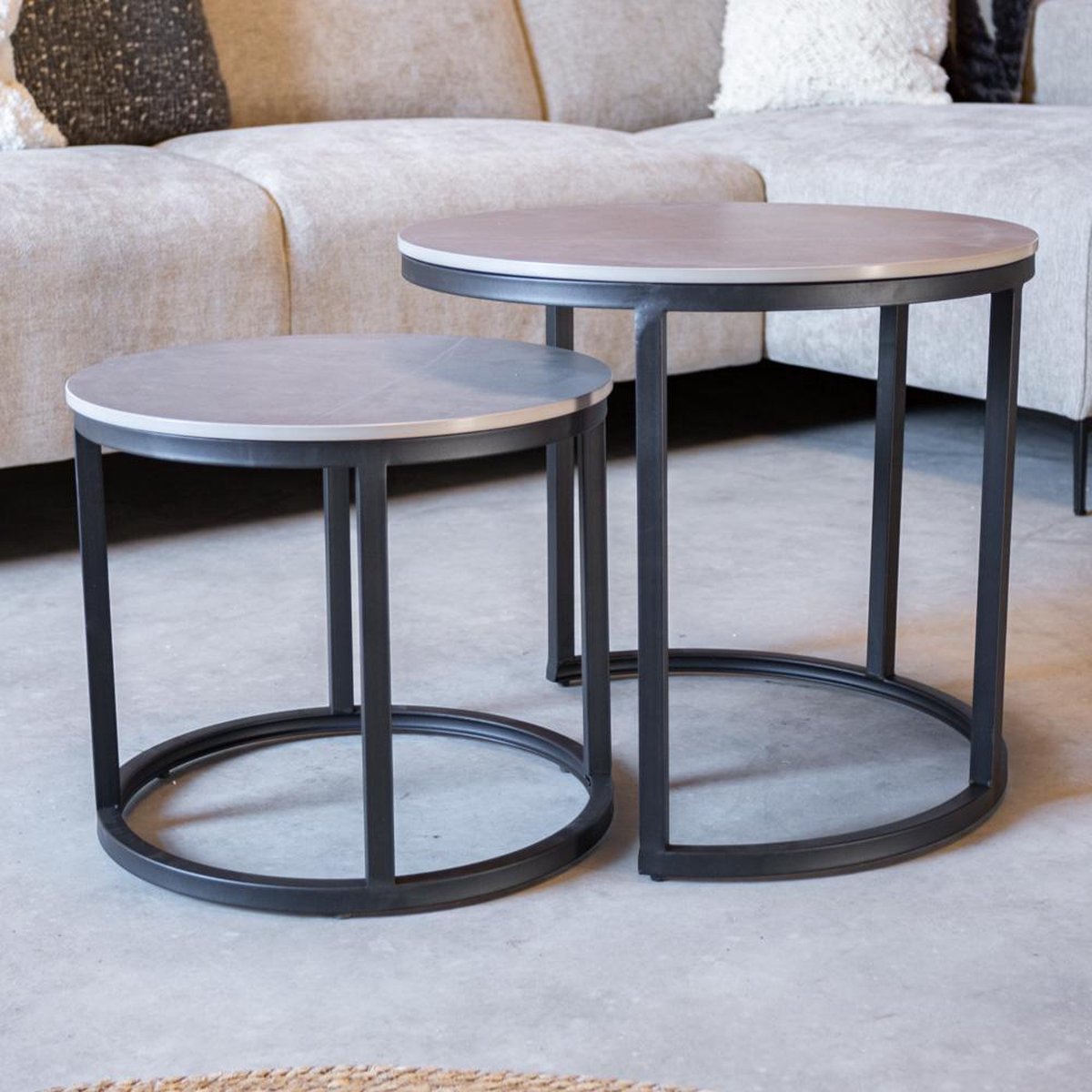 Round coffee table set of 2 sintered stone marble look paige gray