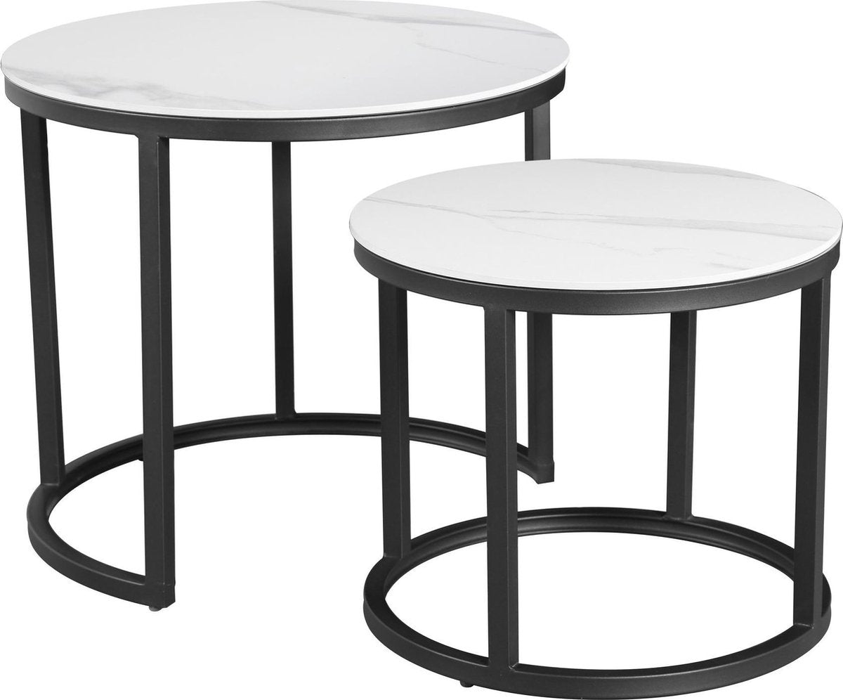 Round coffee table set of 2 sintered stone marble look paige white