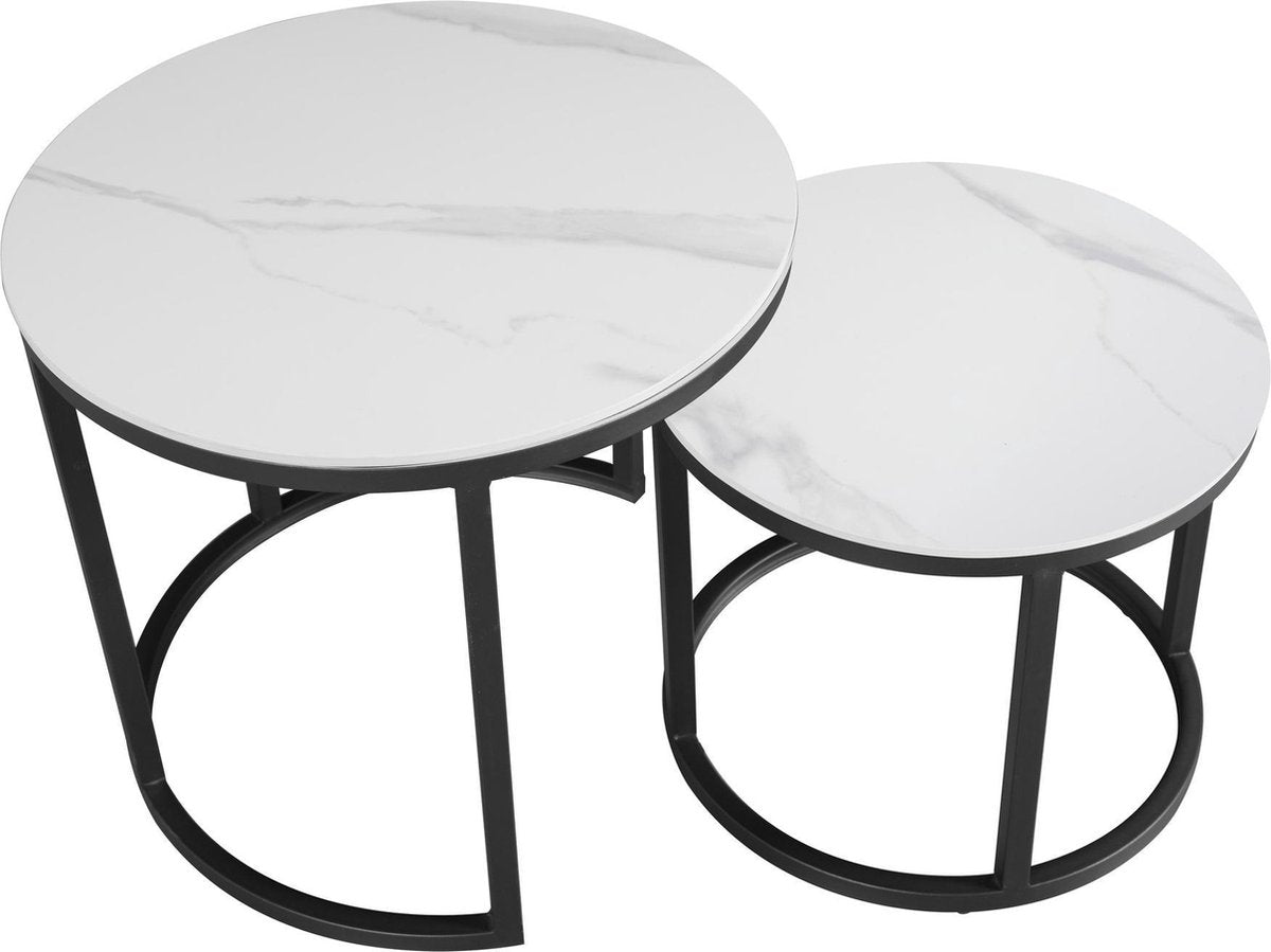 Round coffee table set of 2 sintered stone marble look paige white