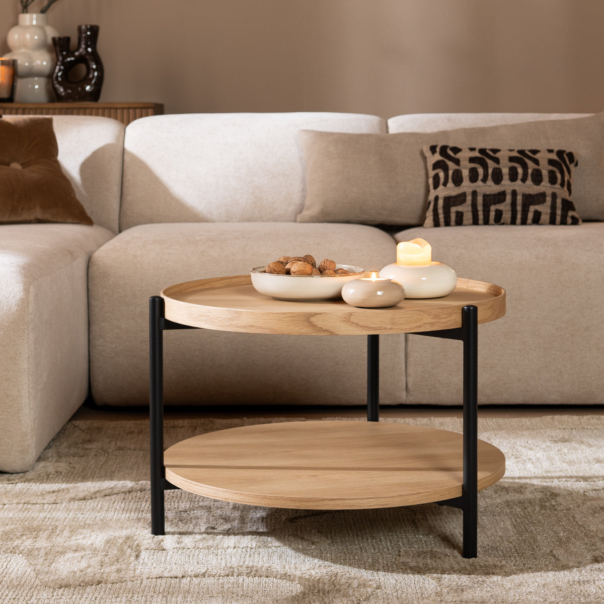 Coffee table Rio Ø58 cm white oak MDF + oak veneer