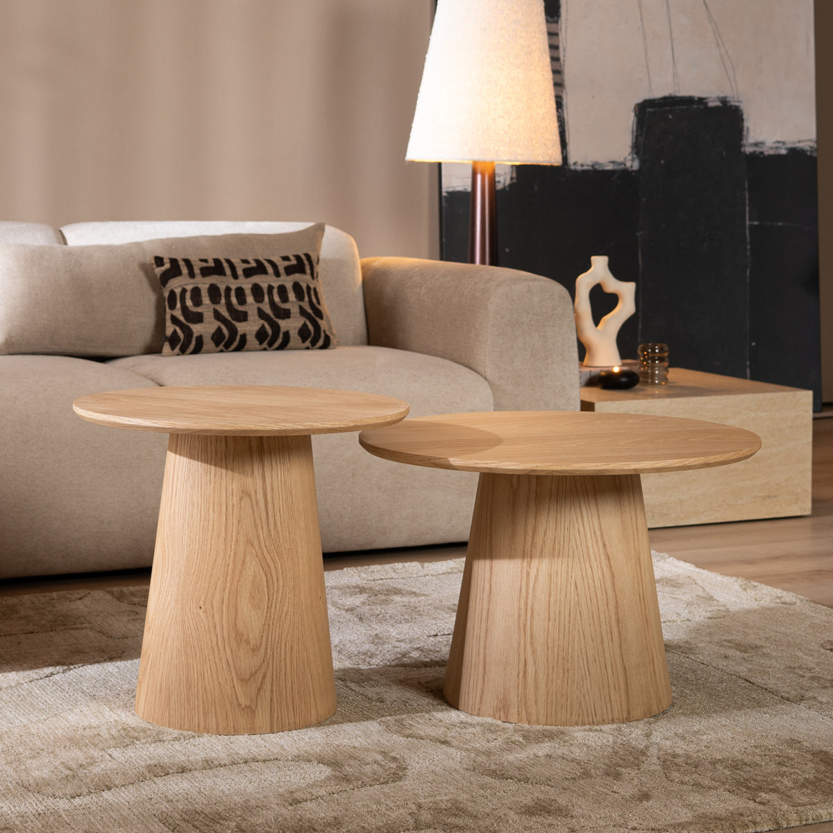 Coffee tables Ash set of 2 Ø50 and Ø62 cm clear oak Natural oak Oak veneer