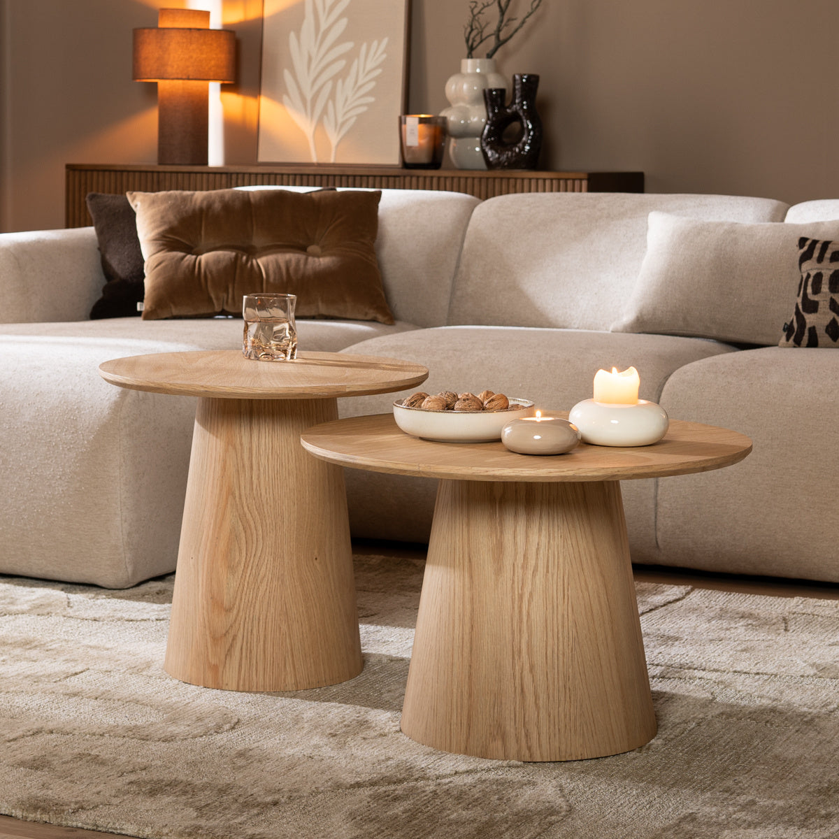Coffee tables Ash set of 2 Ø50 and Ø62 cm clear oak Natural oak Oak veneer