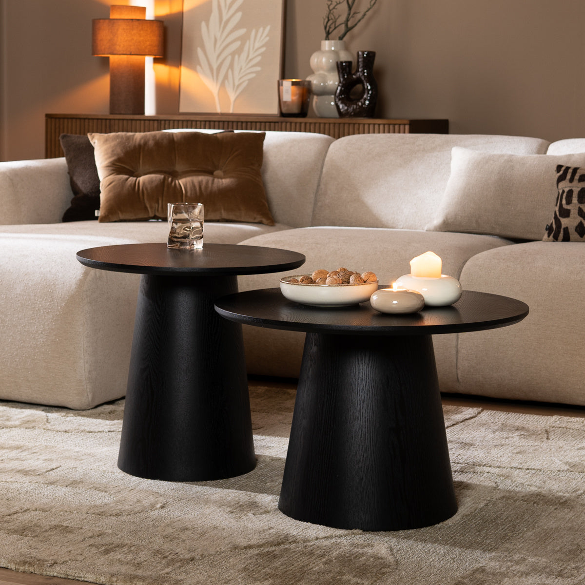 Coffee tables Ash set of 2 Ø50 and Ø62 cm black oak oak veneer